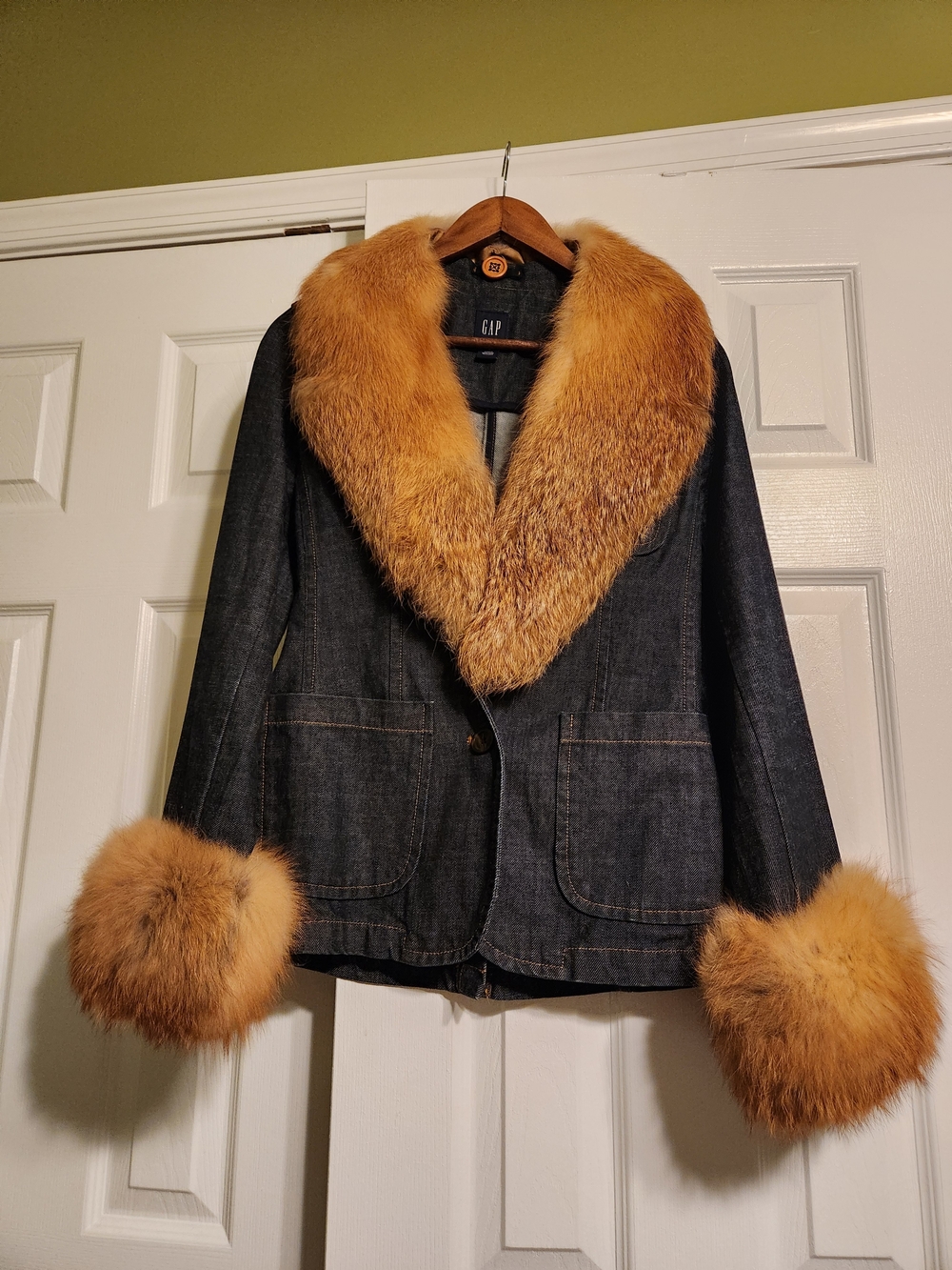 Dark Denim Jacket with Red Fox Fur Collar & Cuffs